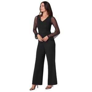 Foreign Exchange Black Deep V Wide-Leg Jumpsuit with Sheer Sleeves pockets